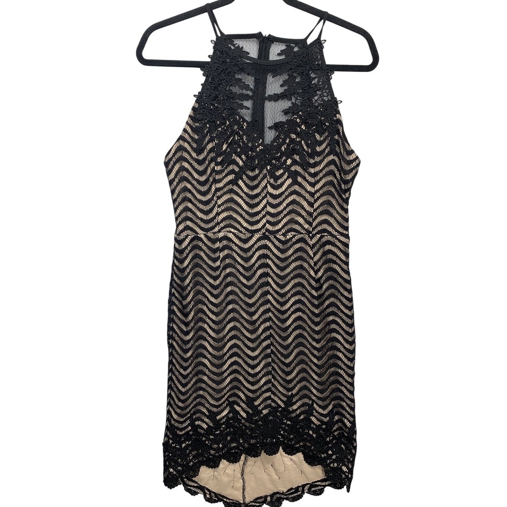 Nikibiki Lace‎ Chevron Mini Dress Womens Small Black Tan Halter High Neck D22947